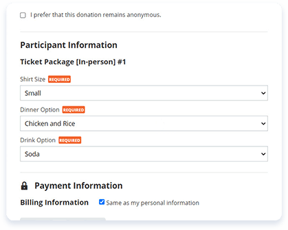 Custom fields on a Qgiv event registrantion form.